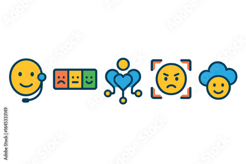 Emoji representations of different emotions and reactions in a digital communication context with a modern design focus