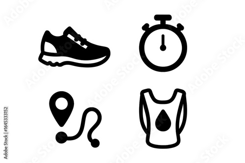 Running gear and accessories include shoes, stopwatch, hydration pack, and route marker displayed for fitness enthusiasts