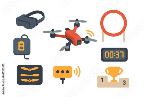 Exciting drone racing setup featuring VR equipment, stopwatch, and trophies at a competitive event