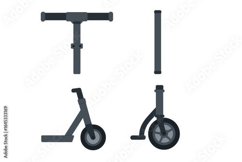 Detailed view of a modern kick scooter in various angles and components during design exploration