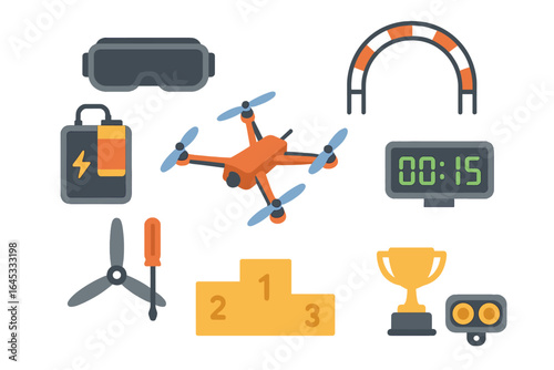 Drone racing essentials with equipment like goggles, battery, timer, and trophy for competitive enthusiasts