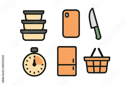 Kitchen tools and containers arranged for meal prep and cooking activities in a home kitchen setting