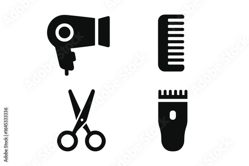 Essential hair styling tools including blow dryer, comb, scissors, and clippers arranged neatly on a plain background