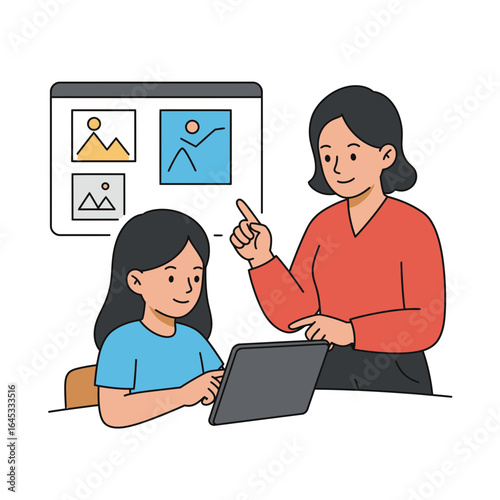 Digital Guidance: A supportive interaction between a teacher and student, fostering a positive learning experience. The teacher points to a digital screen displaying image examples.