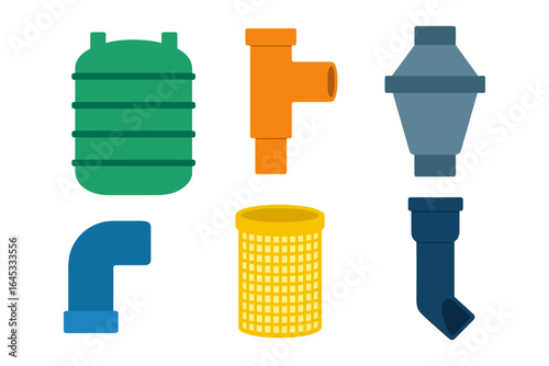 Colorful assortment of plumbing fittings and accessories displayed on a white background