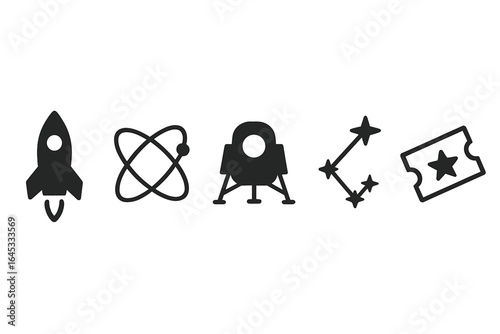 Symbols representing space exploration, science, and adventure in a minimalist style with black silhouettes