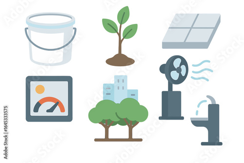 Tools and elements for home improvement and gardening displayed on a clean background