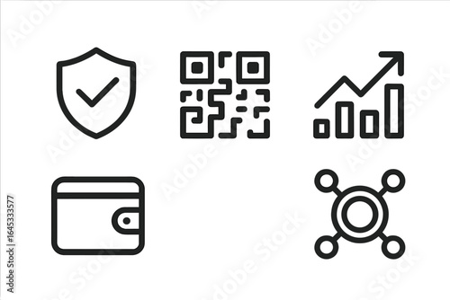 Icons representing digital security, payment methods, and data analytics situated on a simple white background