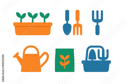 Colorful gardening tools and plants arranged in a neat layout for spring planting activities in a sunny backyard