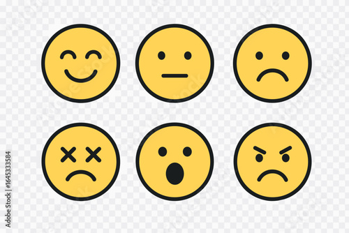 Collection of six emoticons expressing different emotions in a simple design