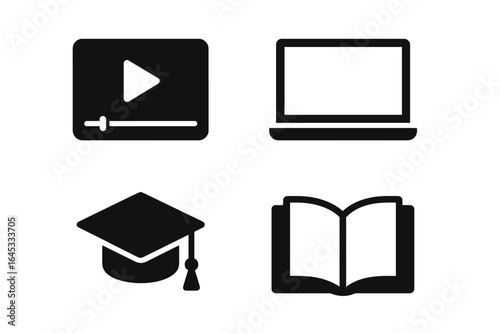 Educational tools for online learning include video, laptop, graduation cap, and open book