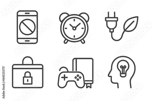 Icons representing digital distractions, time management, and gaming fun in a minimalistic style