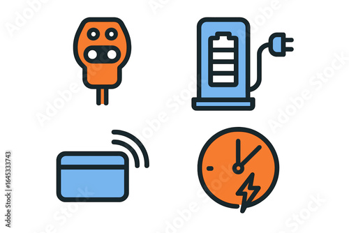 Essential electrical components including plug, battery charger, power bank, and energy meter displayed in a flat design