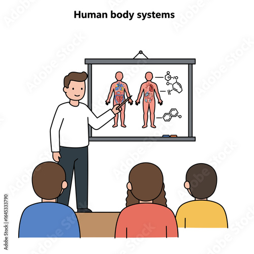 Human Body System Lecture: A dedicated educator elucidates the intricate human body systems through an interactive presentation, fostering learning and discovery in a classroom setting.