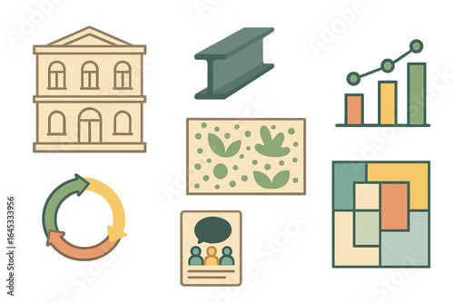 Visual representation of various elements related to business growth and sustainability in a modern environment