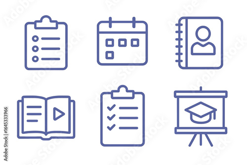 Collection of educational tools including checklists, calendar, notebook, and presentation board