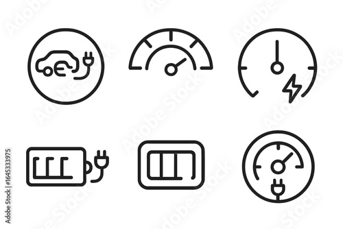 Electric vehicle icons representing charging status, battery life, and energy consumption in a modern design