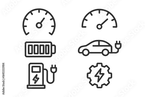 Electric vehicle icons illustrating battery, charging station, and speedometer for sustainable transport awareness
