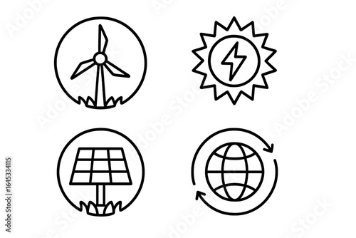 Symbols representing renewable energy sources such as wind, solar, and sustainability practices in a minimalist design