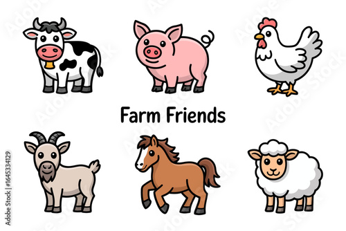 Farm friends collection, cow pig sheep horse chicken goat, barnyard animals, friendly character vector, rural theme