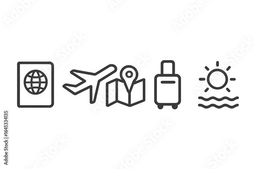 Travel essentials for a memorable vacation including a passport, airplane, map, suitcase, and sun