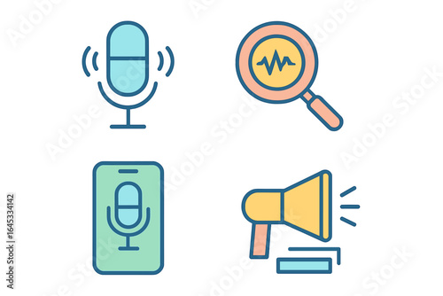 Visual representation of audio recording, playback, and sound analysis tools in colorful design