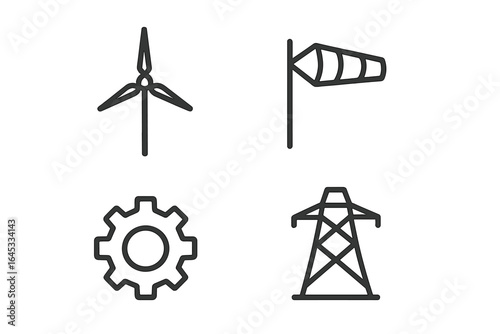 Renewable energy symbols represent wind power, mechanical components, and electric transmission in a clean energy context