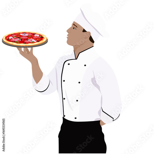 male chef holding pizza in hand no background