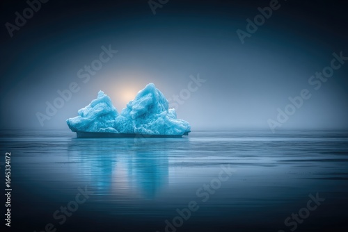 Iceberg in still water, dramatic blue tones