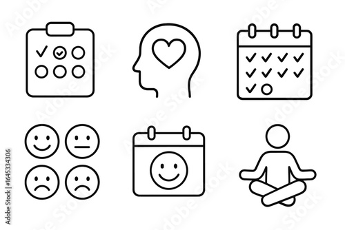 Digital icons representing mental health awareness and emotional well-being with checklists, moods, and mindfulness practices