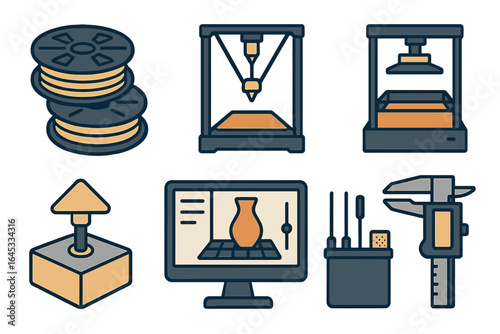 Various tools and processes involved in 3D printing technology showcased in colorful illustrations