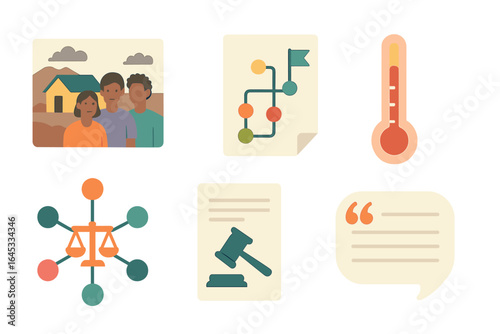 Graphics illustrating community, renewable energy, and social justice initiatives in a rural setting