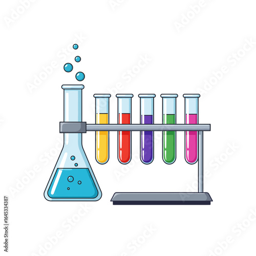 Laboratory Experiment Illustration: Colorful test tubes and a flask bubble with vibrant liquids in a detailed laboratory illustration, symbolizing scientific research and experimentation.