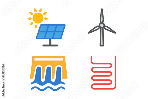 Renewable energy symbols representing solar, wind, hydro, and geothermal power sources for sustainable future