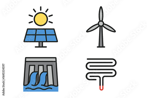 Renewable energy sources illustrated through icons representing solar, wind, hydro, and geothermal power systems