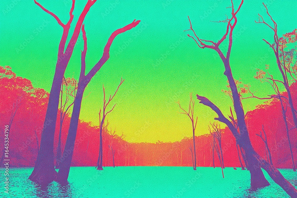 Naklejka premium Vivid, vibrant landscape with dead trees in a colorful, stylized lake