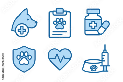 Veterinary care essentials featuring symbols of pet health and wellness with icons for dogs and medical supplies