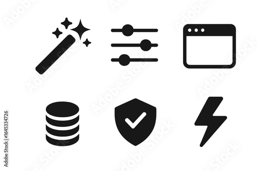 Various icons illustrating digital tools related to data management, user interface customization, and security features in technology