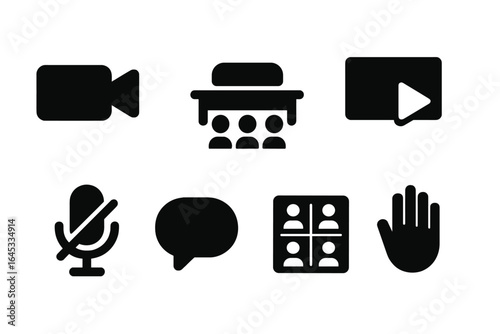 Icons representing video conferencing tools and communication symbols for online meetings