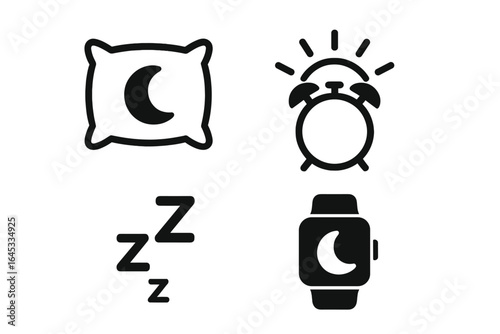 Sleep icons representing bedtime routines with a pillow, clock, and smartwatch in a minimalist design