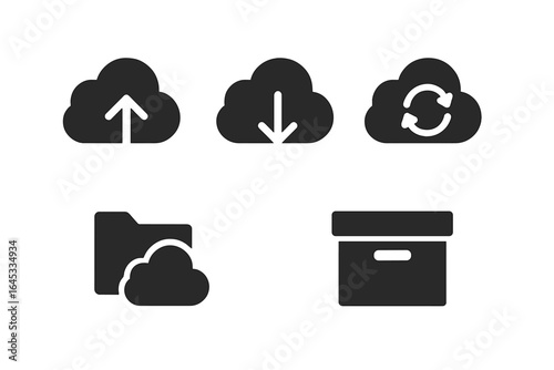 Cloud storage icons representing upload, download, sync, and file organization options for digital data management
