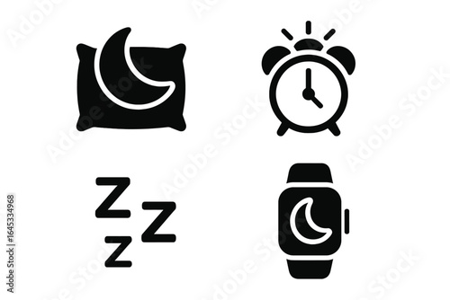 Sleep symbols including a pillow, alarm clock, and watch illustrating nighttime routine and relaxation methods