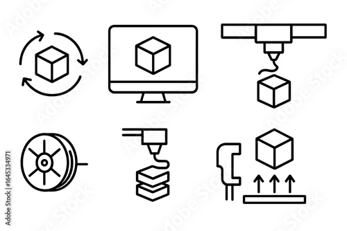 Line art illustrations showcasing various aspects of 3D printing technology and equipment commonly used in digital fabrication processes