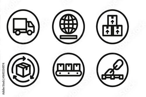 Logistics icons representing transportation, shipping, and supply chain management activities in a modern context