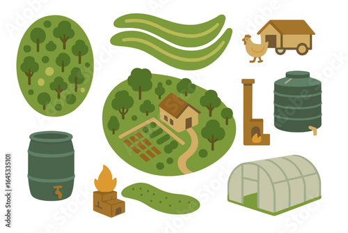 Gardening layout with crops, greenhouse, chicken coop, and water tank in a peaceful countryside setting