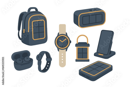 Collection of modern tech gadgets displayed on a light background featuring headphones, speaker, watch, and phone in organized layout