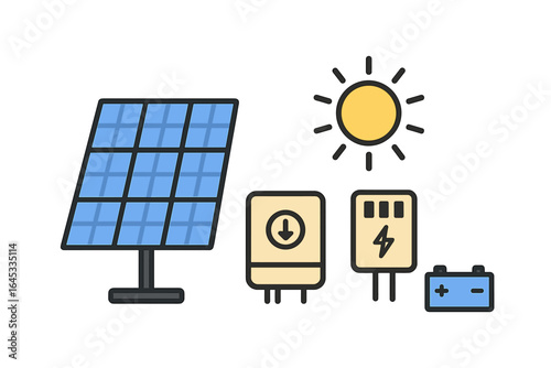Solar energy components including a photovoltaic panel, charge controller, battery, and sunlight representation in a clean design