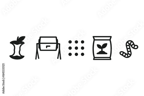 Composting process steps explained through icons depicting waste, collection, and growth in a sustainable garden