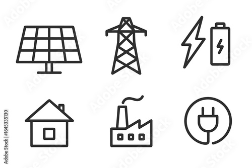 Energy sources and infrastructure icons representing sustainable technology, power generation, and electricity supply systems