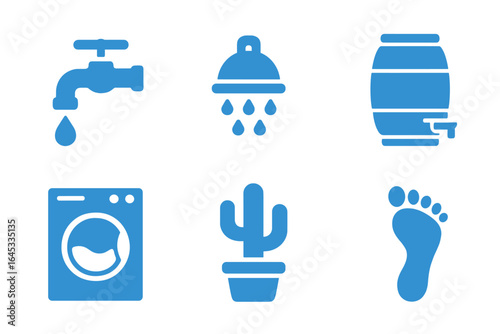 Icons representing water-related activities in blue color scheme including a faucet, shower, barrel, washing machine, cactus, and foot